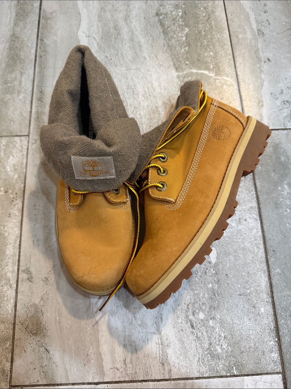 Timberland Kids Tan Fold-Down Collar Suede Boots with Brown Lining